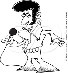 A black and white drawing of a man holding a microphone.