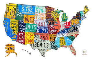 A map of the united states made out of license plates.